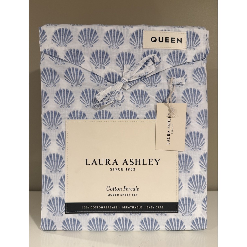 4pc Laura Ashley Blue Seashell QUEEN Sheet Set SCALLOP Shells Beach Coastal NEW
